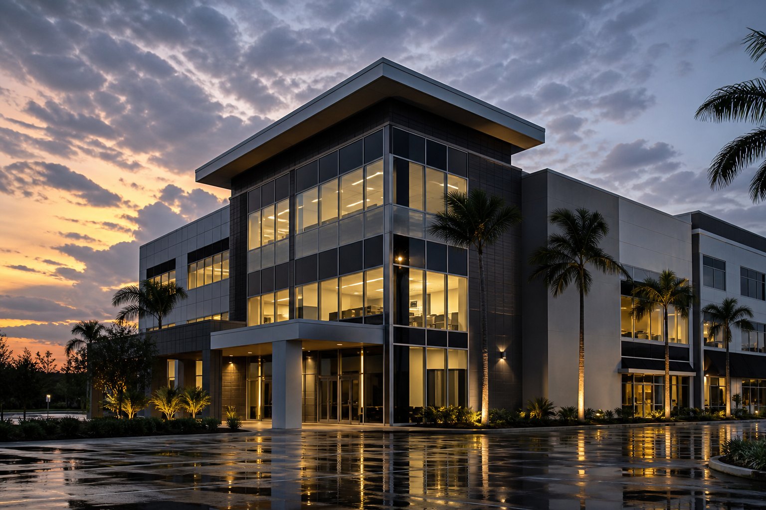 South Florida commercial architecture at dusk