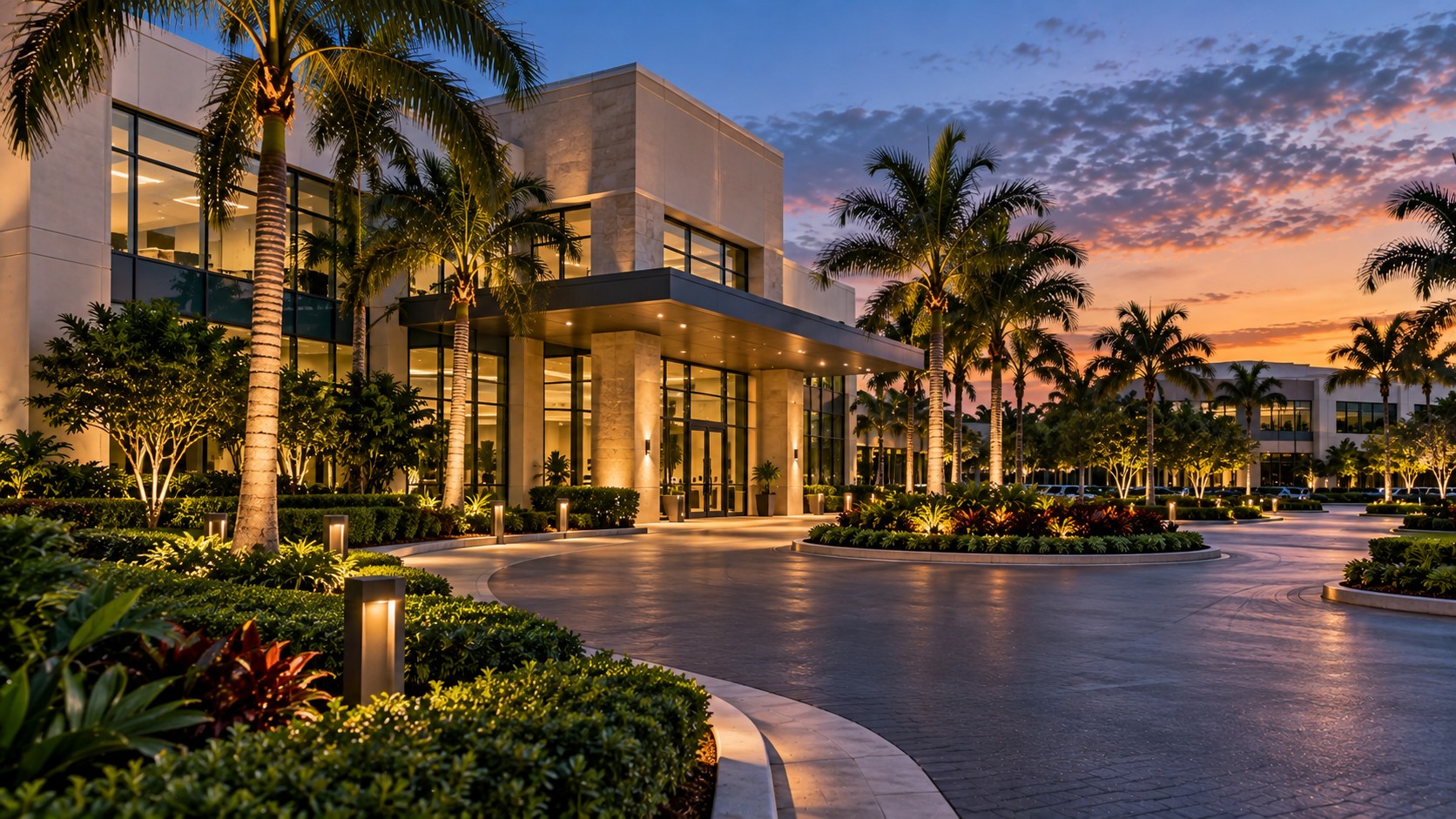 Commercial building entrance and drive at dusk with landscape lighting