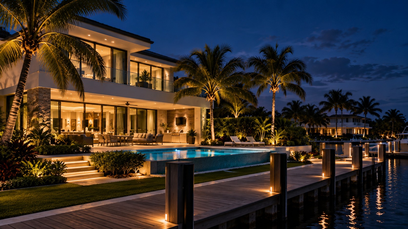 South Florida property at night with soft exterior light