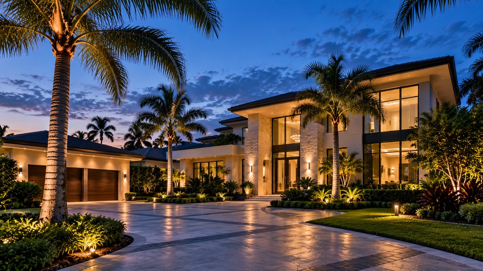 Property approach and exterior visibility at dusk
