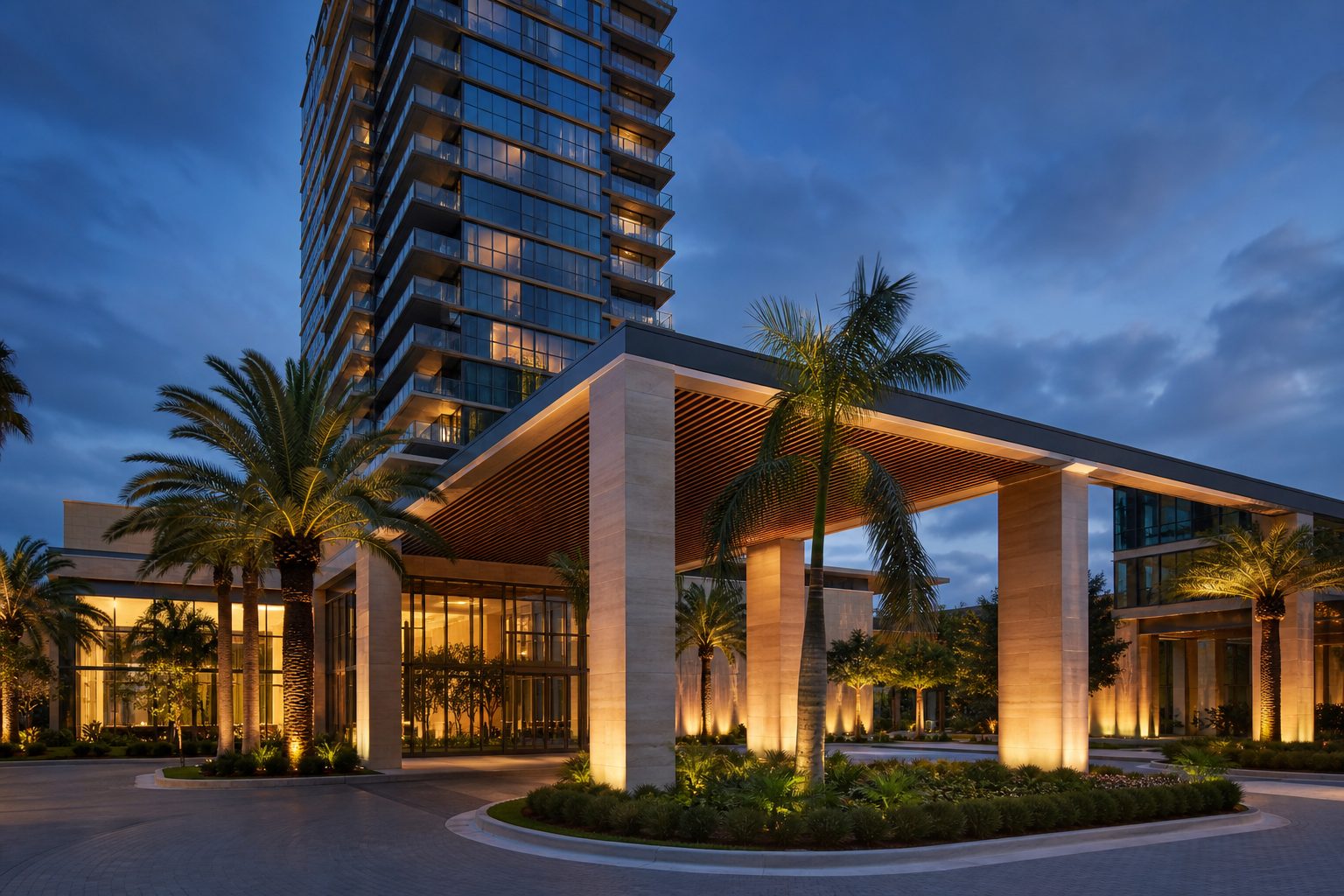 South Florida commercial architecture at dusk