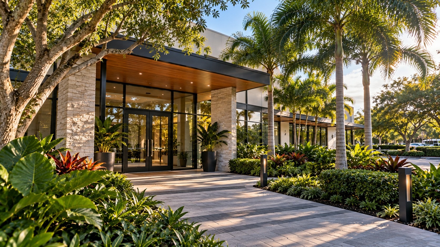 Modern office entrance and property approach